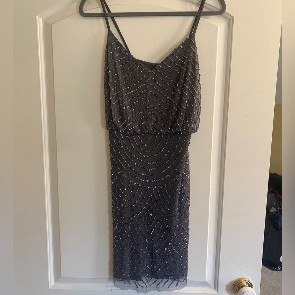 Adrianna Papell Blouson Sparkle Beaded Art Deco Silver Grey Gray Short Dress